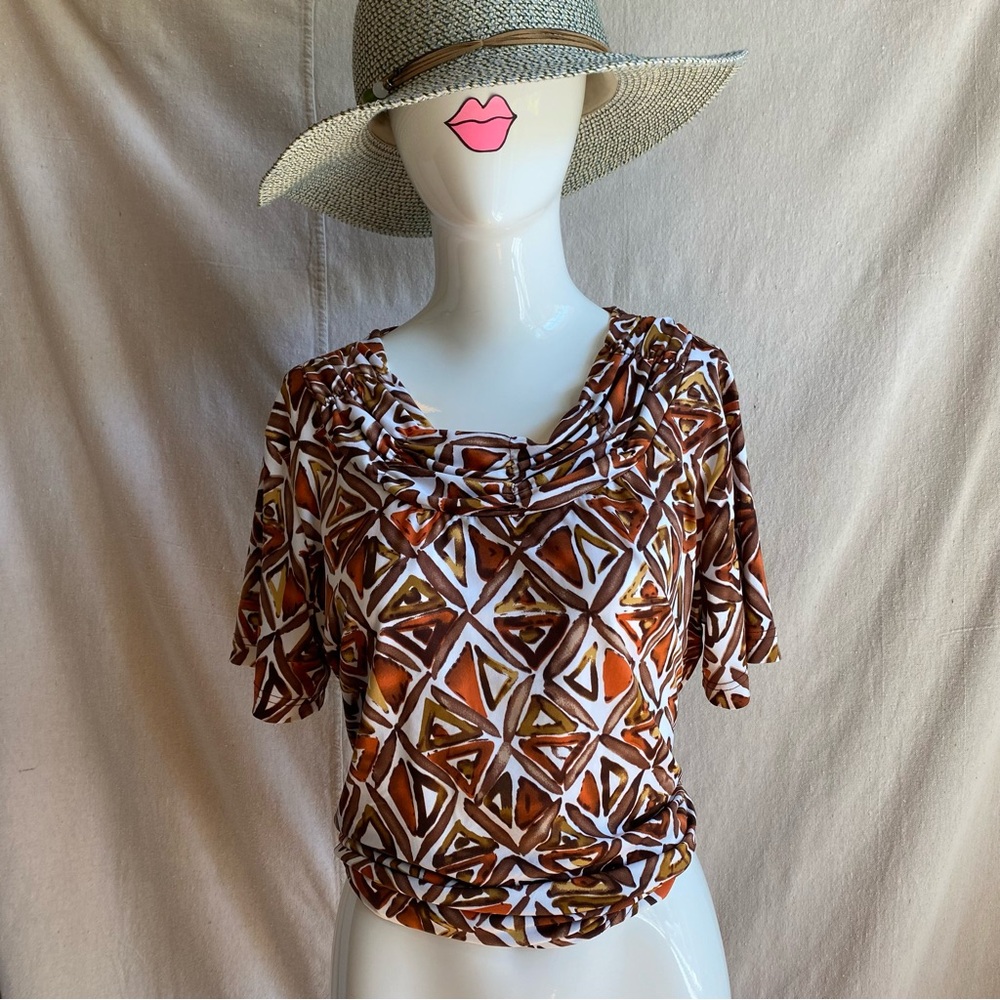 Y2K Retro Print Polyester Short Sleeve with Ruched Neckline